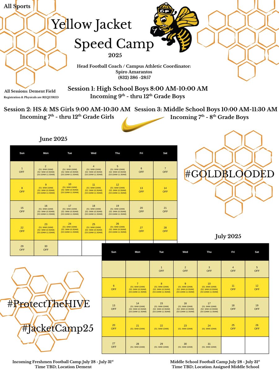 Here is the Yellow Jacket Speed and Conditioning Camp Schedule. Prior registration and physical is required to attend.

Aquí está el horario del campamento de velocidad y acondicionamiento Yellow Jacket. Se requiere inscripción previa y examen físico para asistir.