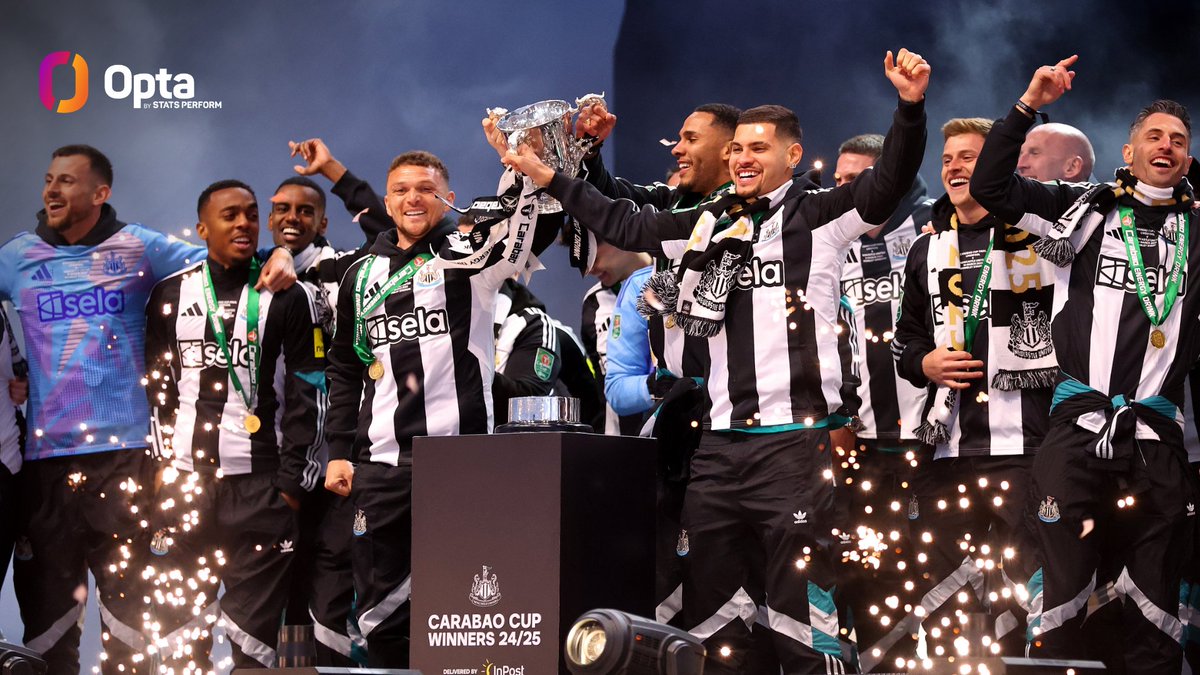 OptaJoe's tweet image. 5 - In Liverpool (Premier League), Crystal Palace (FA Cup), Newcastle United (League Cup), Tottenham Hotspur (UEFA Europa League), and Chelsea (UEFA Conference League), 2024-25 is the first season in history to see five different English clubs win a major trophy. Famous.