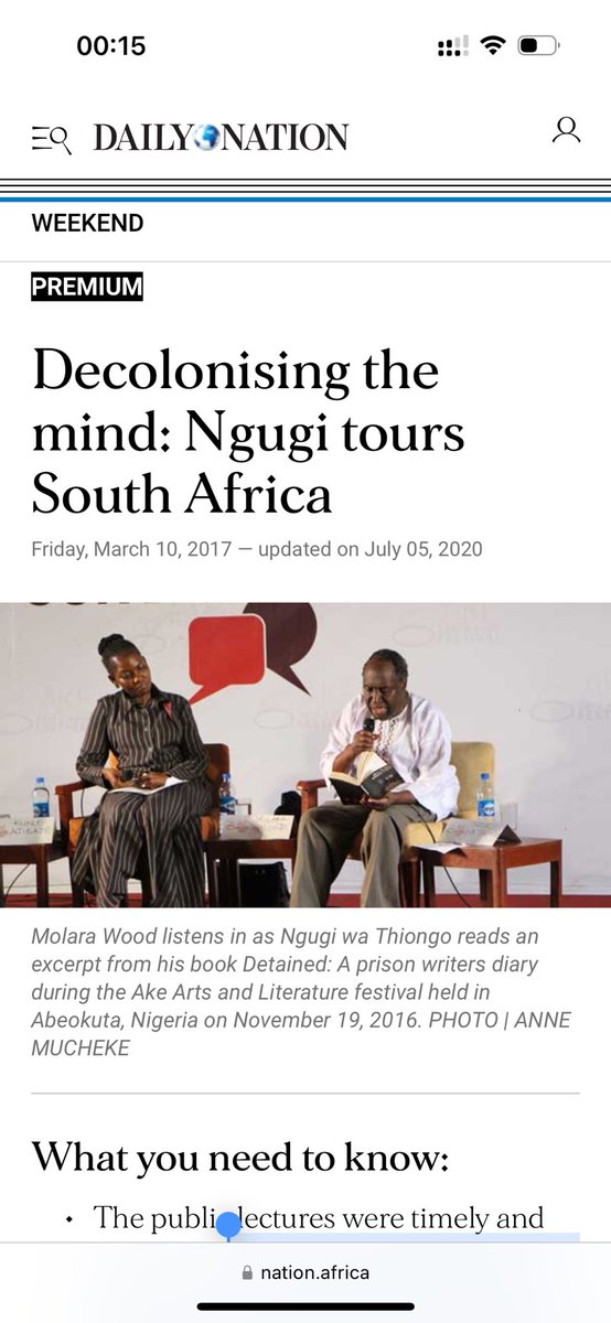 𝘑𝘰𝘣 𝘔𝘸𝘢𝘶𝘳𝘢, 𝘗𝘩.𝘋. (@jobmwaura) on Twitter photo In 2016, Ngũgĩ wa Thiong’o visited my university in South Africa — <a href="/WitsUniversity/">Wits University</a> — as campuses were gripped by #FeesMustFall & #RhodesMustFall. I covered it for Daily Nation and wrote this article.
At Wits, he was welcomed with a decolonized anthem & full house at the Wits In 2016, Ngũgĩ wa Thiong’o visited my university in South Africa — <a href="/WitsUniversity/">Wits University</a> — as campuses were gripped by #FeesMustFall & #RhodesMustFall. I covered it for Daily Nation and wrote this article.
At Wits, he was welcomed with a decolonized anthem & full house at the Wits