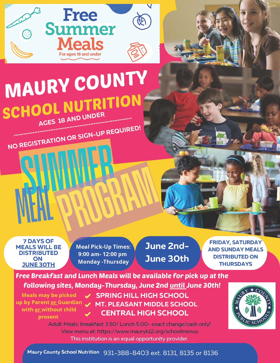 Remember, we're offering FREE summer meals for children 18 and under from June 2nd-30th! No sign-up or registration required. Adult meals are available as well (breakfast $3.50, lunch $5.00). **Cash only accepted. Must bring exact change**).