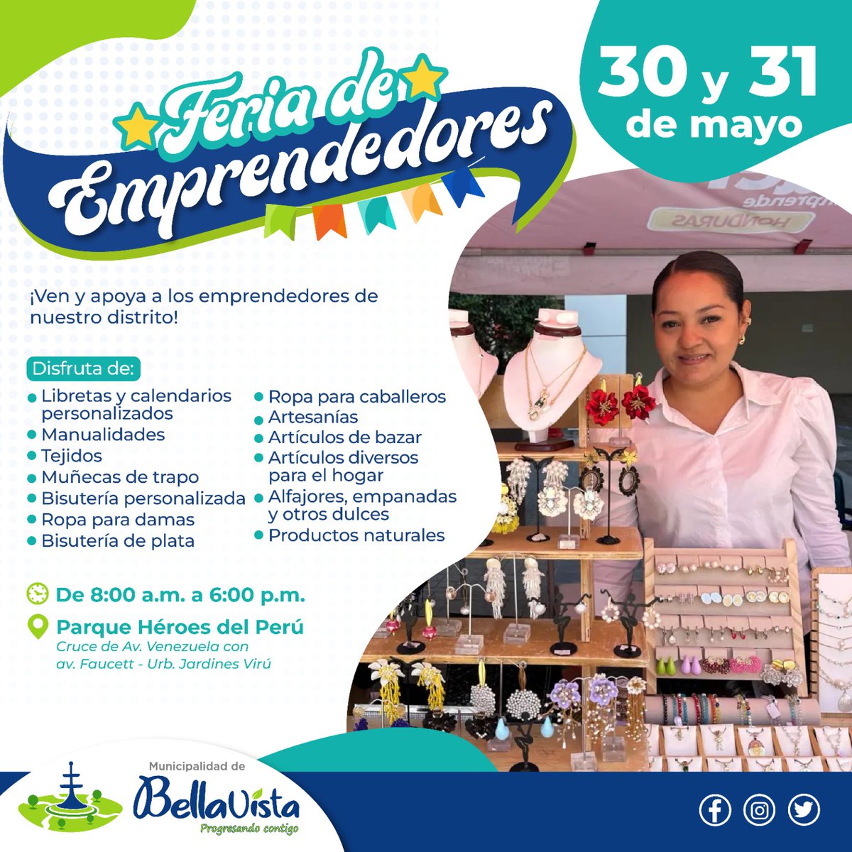 Invitamos a todos nuestros vecinos a una nueva edición de la Feria de Emprendedores que se llevará a cabo este 17 y 18 de mayo de 8:00 a.m. a 6:00 p.m. en el Parque Héroes del Perú (cruce de Av. Venezuela con Av. Faucett). ¡Los esperamos! 🛍️
