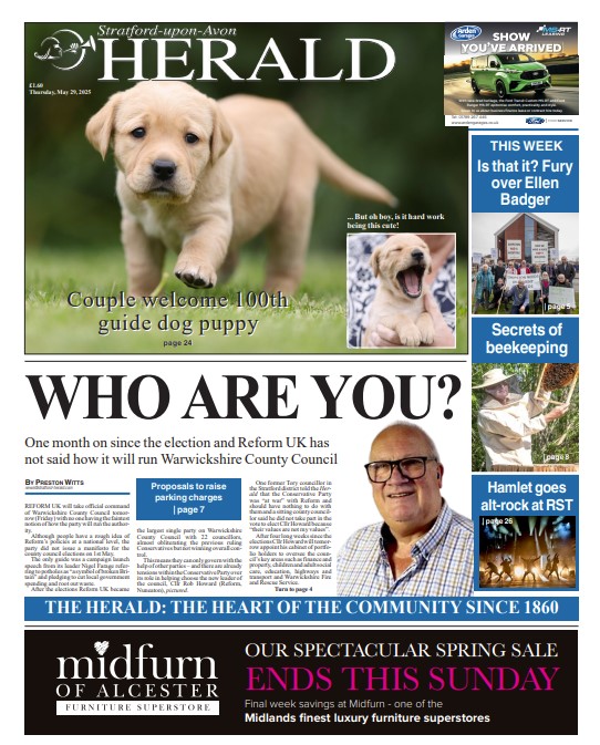 Cute puppies and, er, not-so-cute politicians take the cover of Thursday's <a href="/HeraldNewspaper/">Stratford Herald</a>  as we ask what is happening at the county council since Reform's election win. On sale tomorrow or subscribe online.