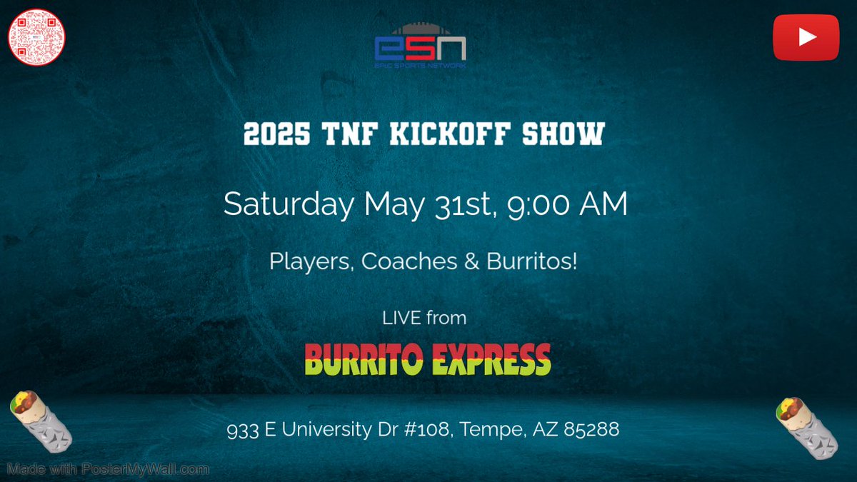 Epic Sports Network (@epicsportstv) on Twitter photo Join us this Saturday at <a href="/Burritoexp/">Burrito Express</a> in Tempe for the #EpicTNF2025 Kickoff Show! The fun starts at 9am! 🏜️🏈🌯🔥
📺 youtube.com/live/WsBZo4t9u…
<a href="/EaglesSCAFB/">SCA Football</a> <a href="/CSFalconsFB/">Cactus Shadows Falcons football</a> <a href="/DEdgeFootball/">Desert Edge Football</a> <a href="/FB_RedWolves/">Walden Grove High School Football</a> <a href="/Eastmark_FF/">Eastmark High School Football</a> <a href="/LadyJagsFlag/">Canyon View High School - Lady Jags Flag Football</a> @BMHSActivities <a href="/PrescottFB/">Official Prescott Football</a> <a href="/CamCox12/">Cameron Cox</a> <a href="/HSFBamerica/">High School Football America</a> Join us this Saturday at <a href="/Burritoexp/">Burrito Express</a> in Tempe for the #EpicTNF2025 Kickoff Show! The fun starts at 9am! 🏜️🏈🌯🔥
📺 youtube.com/live/WsBZo4t9u…
<a href="/EaglesSCAFB/">SCA Football</a> <a href="/CSFalconsFB/">Cactus Shadows Falcons football</a> <a href="/DEdgeFootball/">Desert Edge Football</a> <a href="/FB_RedWolves/">Walden Grove High School Football</a> <a href="/Eastmark_FF/">Eastmark High School Football</a> <a href="/LadyJagsFlag/">Canyon View High School - Lady Jags Flag Football</a> @BMHSActivities <a href="/PrescottFB/">Official Prescott Football</a> <a href="/CamCox12/">Cameron Cox</a> <a href="/HSFBamerica/">High School Football America</a>