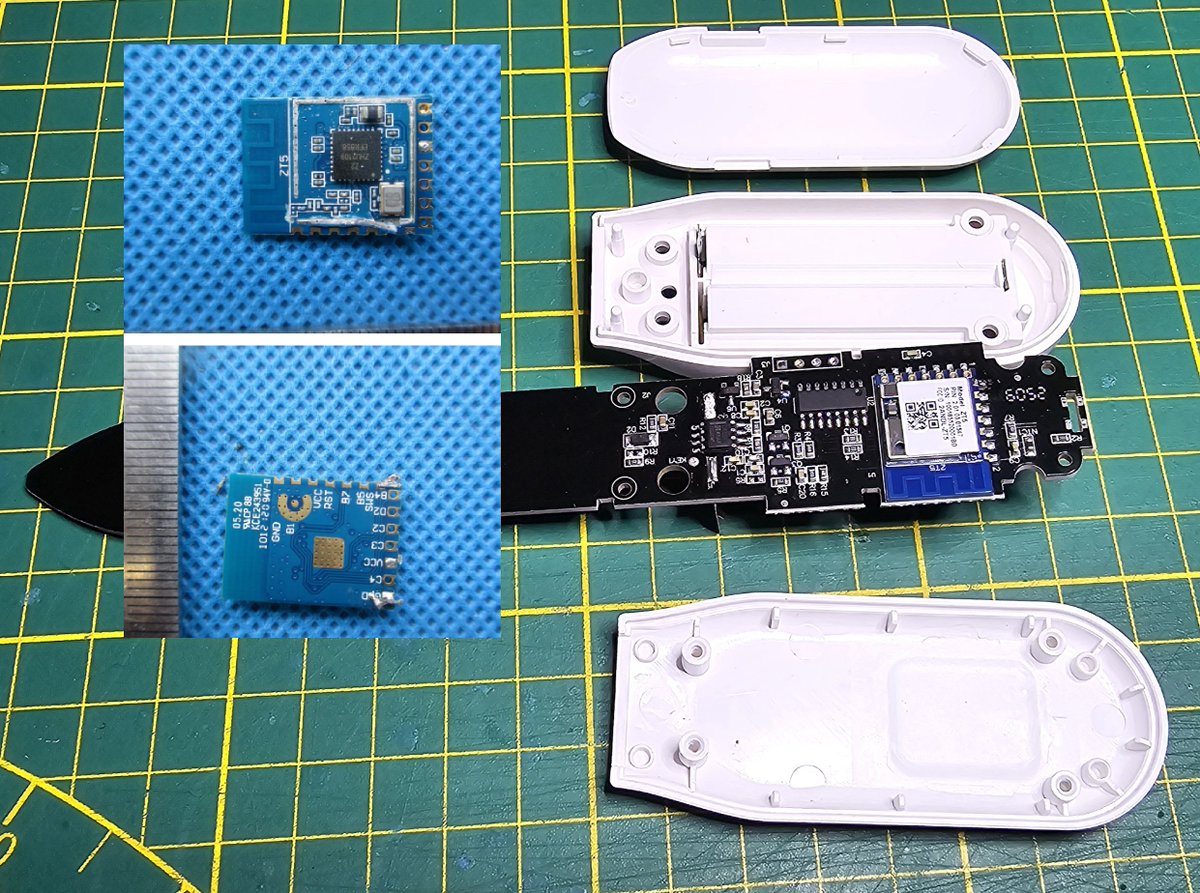 atc1441's tweet image. Quick Teardown of the 10€ ZigBee Plant Humidity sensor
s.click.aliexpress.com/e/_opby7T8
Insides:
- Telink TLSR SoC Capable of BLE and ZigBee, very hackable
- Moisture sensor via 555 Timer
- Unknown SoC for Moisture measurement
- 2xAAA Battery holder
- LED
- Button
- Cheap NTC Sensor
