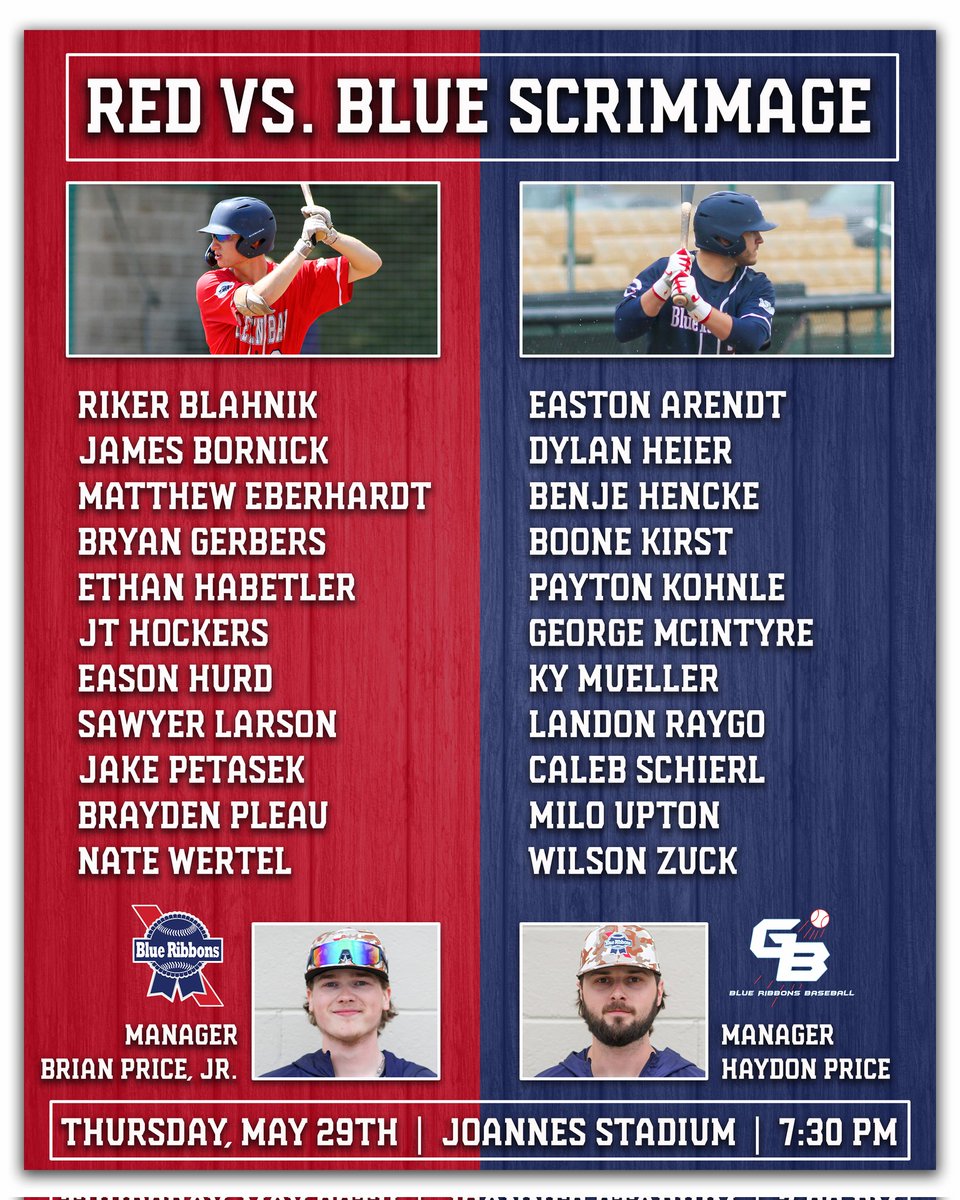 Tomorrow night at Joannes Stadium! Get an early look at the 2025 Blue Ribbons in an intrasquad scrimmage tentatively scheduled for about 5-6 innings. Gates open to the public at 6:30 pm with first pitch scheduled for 7:30 pm. Who's got the stronger squad? #blueribbonsbaseball