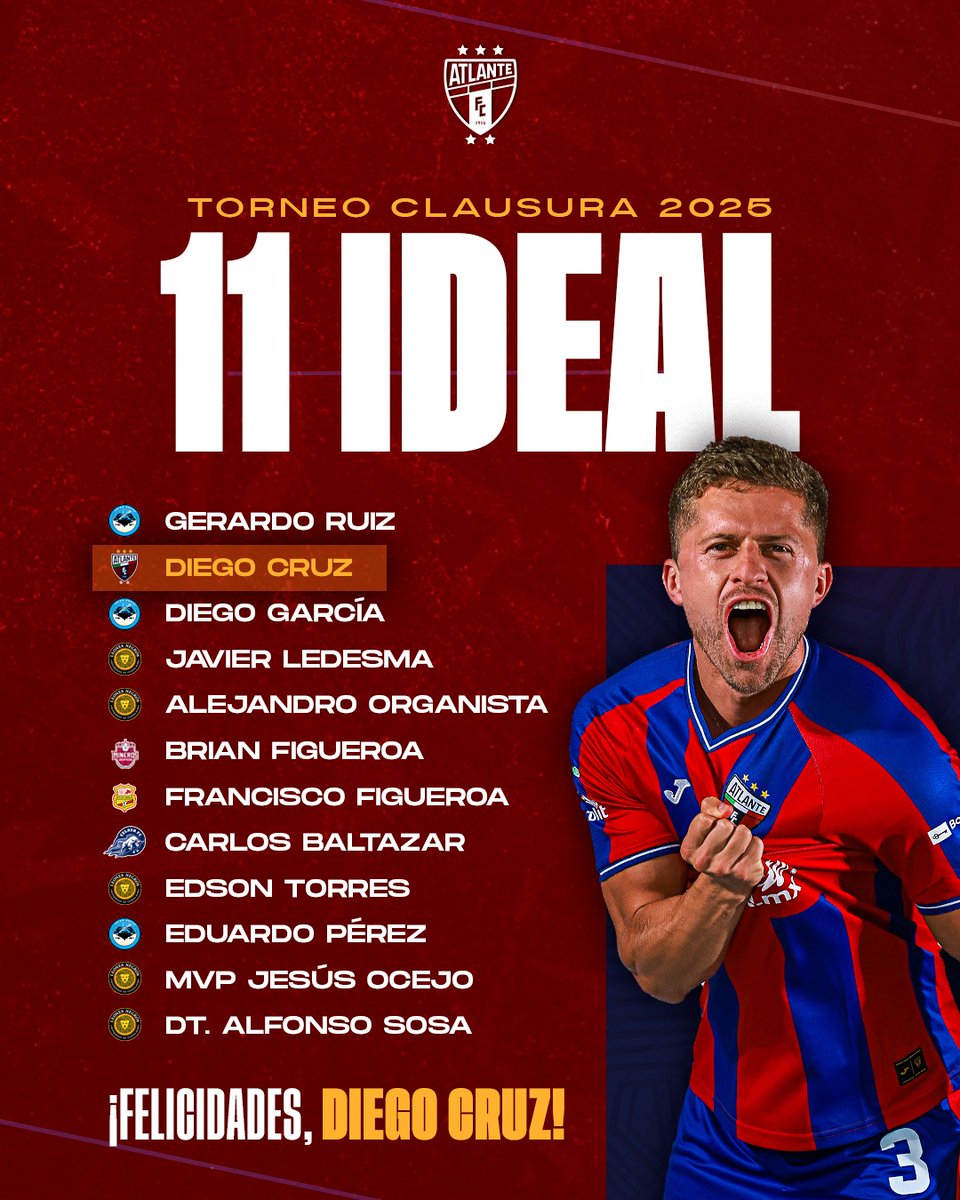 El Club Atlante, felicita a nuestro jugador Diego Cruz por ser parte del XI Ideal del Torneo Clausura 2025.

¡Enhorabuena!

#SerAtlante
#SerDeHierro