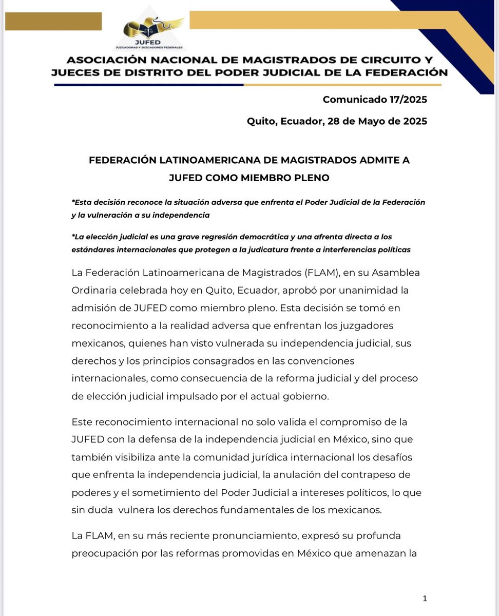 Veronic03579331's tweet photo. Conociendo la problemática existente en Mexico, ante la cooptación del Poder Judicial de la Federación, las personas juzgadoras federales, hemos sido aceptadas en la FLAM. https://t.co/Yd6a3cbhUX