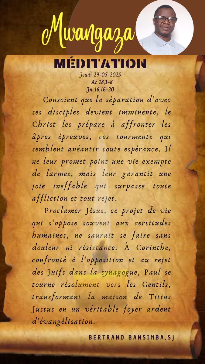 JesuitesACE's tweet image. Méditation du jeudi 29 mai 2025 (6e semaine de #Pâques) avec le père Bertrand Bansimba .