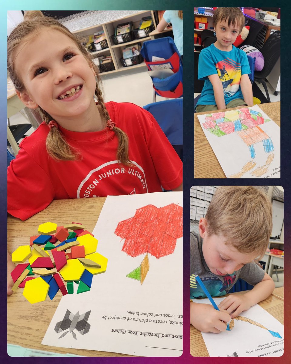BrainyBunch2s's tweet image. 🔷🔺🟡 Shape Shifters at work! We used pattern blocks to compose creative objects — from scorpions to beehives to palm trees! 🌴🐝🍎 Next up: communicating what shapes we used to make our masterpieces. #MathArt #ComposingShapes #GeometryInAction