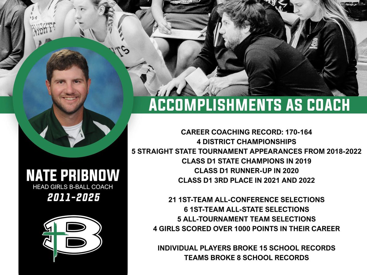 Thanks to Coach Pribnow for 14 incredible seasons as Head Coach of the Bergan Catholic Girls Basketball team, we extend our heartfelt thanks to Coach for his outstanding dedication, leadership, and commitment to the girls basketball program.