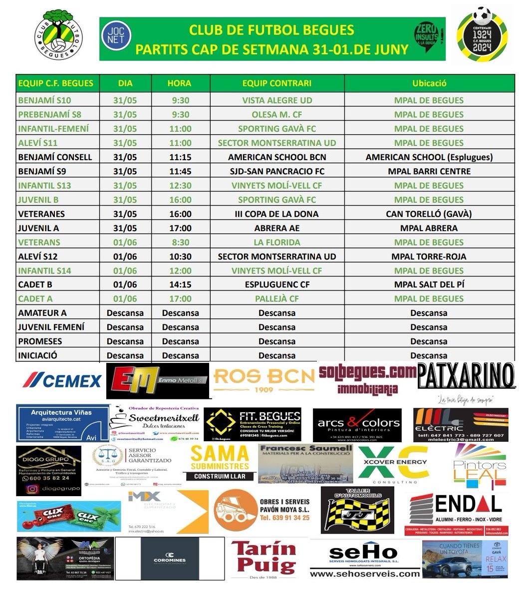 Partits dels nostres equips el proper cap de setmana

Molta sort a tots i totes!!!!