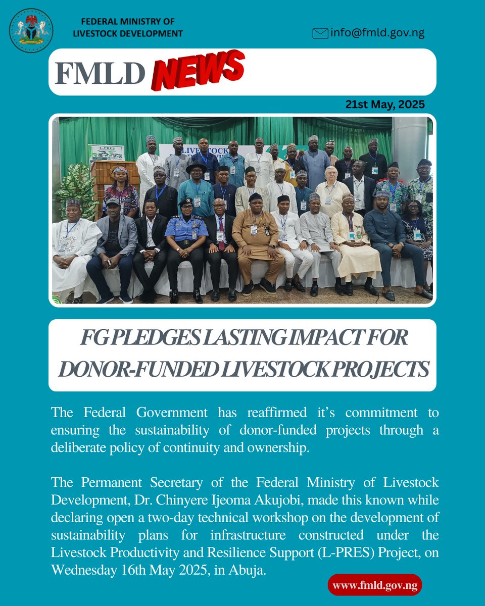 Nigfmld's tweet photo. FG Pledges Lasting Impact for Donor-Funded Livestock Projects

The Permanent Secretary of the Federal Ministry of Livestock Development, Dr. Chinyere Ijeoma Akujobi, has reaffirmed the Ministry’s commitment to ensuring the sustainability of donor-funded .. https://t.co/o9wThSV0Gk https://t.co/gUJa2wGkrd