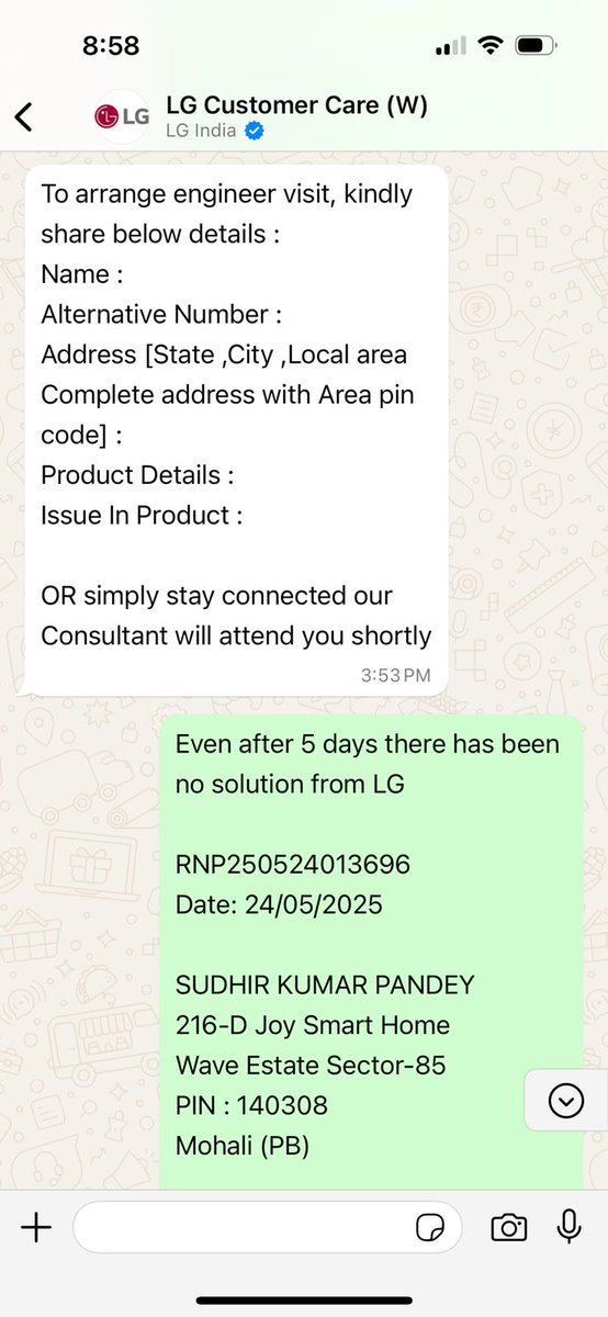 AdityaPandey008's tweet photo. @LGIndia @LGIndia Extremely disappointed!
It's been 5 days since I raised a service request (RNP250524013696) for my water purifier, and still no action from your side.
❌ No engineer visit
❌ No resolution
❌ Zero accountability
Is this how you treat your customers?
#CustomerServiceFail https://t.co/N6E3ooqYh0