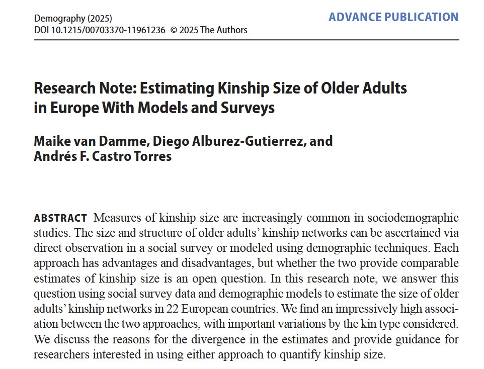 Demography Journal (@readdemography) on Twitter photo “Estimating Kinship Size of Older Adults": <a href="/maikevd2011/">Maike van damme</a>, <a href="/d_alburez/">Diego Alburez</a> & @andres9986 use survey data & demog models to calculate sizes of kinship types--"downward, lateral, upward & total"-- and compare the strengths of each approach. <a href="/CEDemografia/">CED Barcelona</a> <a href="/MPIDRnews/">MPIDR</a>
ow.ly/YomA50W0tEC “Estimating Kinship Size of Older Adults": <a href="/maikevd2011/">Maike van damme</a>, <a href="/d_alburez/">Diego Alburez</a> & @andres9986 use survey data & demog models to calculate sizes of kinship types--"downward, lateral, upward & total"-- and compare the strengths of each approach. <a href="/CEDemografia/">CED Barcelona</a> <a href="/MPIDRnews/">MPIDR</a>
ow.ly/YomA50W0tEC
