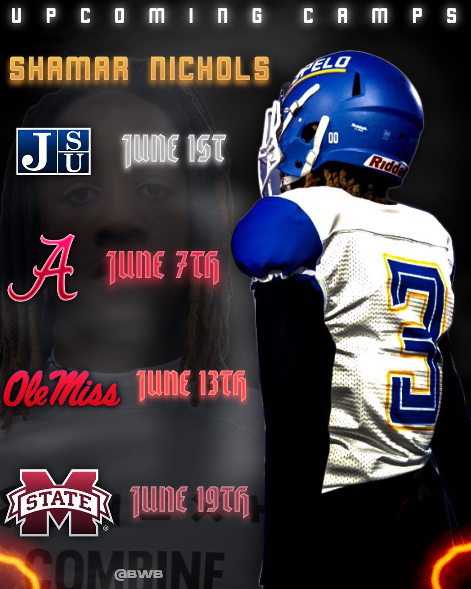 shamarnichols1's tweet image. Upcoming camps I’ll be attending @CoachWill_QUIK @ReggieBuchanan @ThardiN1235 @Rebels247 @MacCorleone74 @BrettGreenberg_ @_CoachBump @CoachGMcDonald @CoachShephard