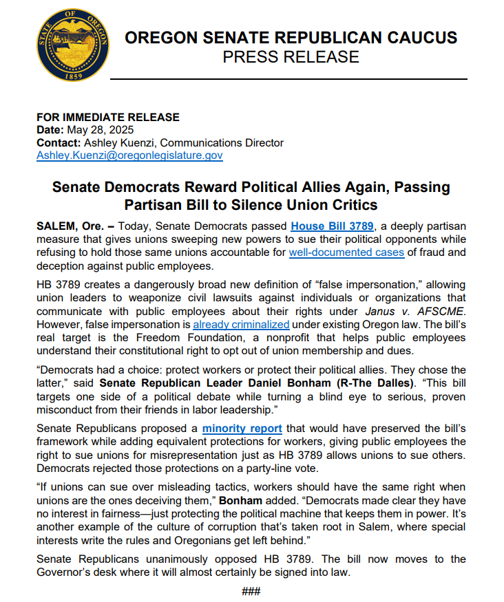 Senate Democrats just passed a bill that gives unions the power to sue people who inform workers of their right to leave the union. It’s a direct attack on free speech and a gift to their top campaign donors. HB 3789 protects the machine, not the people. bit.ly/4kDV8NE