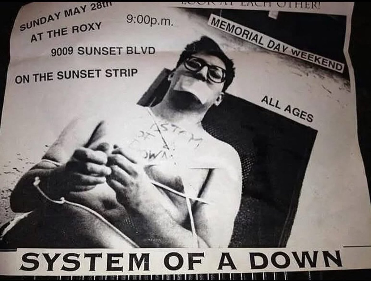 systemofadown's tweet image. “The odds were against us, but we put up our middle fingers in the air 🖕🏼🖕🏼🖕🏼🖕🏼and kept moving forward!!!!!!!! 30 yrs ago today at The Roxy on the Sunset Strip was the first ever live performance of System of a Down Style Rock & Roll music!!!!!!” - @DaronMalakian