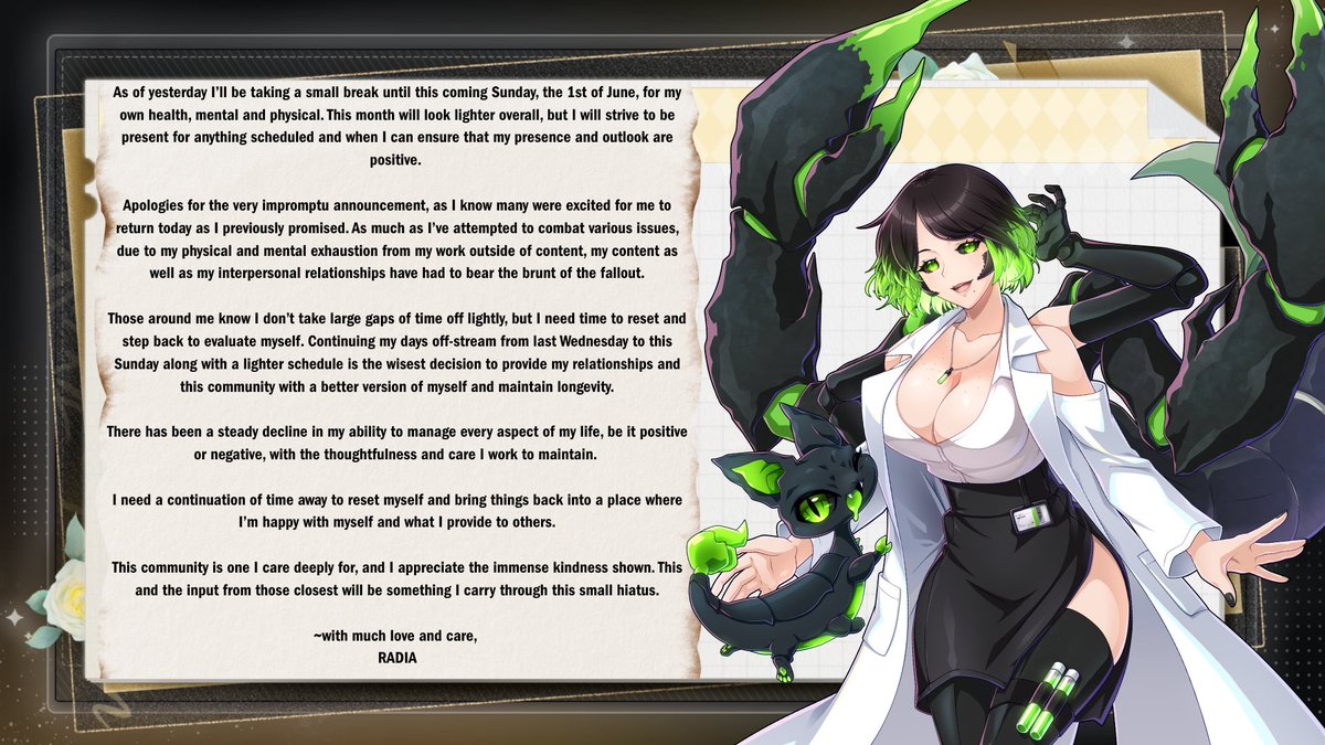 Semi-hiatus message: I'll be offline until this Sunday but keeping my overall schedule lighter until I feel fully on my feet again.

Take care, and I thank you all for understanding the need for a less content-focused period to recenter; it means a lot. I'll return in full when I