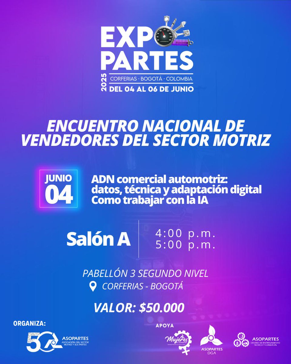 🔧 ¡Prepárate para vender con inteligencia!
Este 4 de junio llega el Encuentro de Vendedores 2025 en #EXPOPARTES2025.

📍 Pabellón 3, Corferias | 🕓 4:00 p. m.
🎟️ $50.000 | Regístrate: forms.gle/cRZFsD1Z1wDedZ…

#HacemosLatirElMotor #VentasInteligentes #TransformaciónMotriz