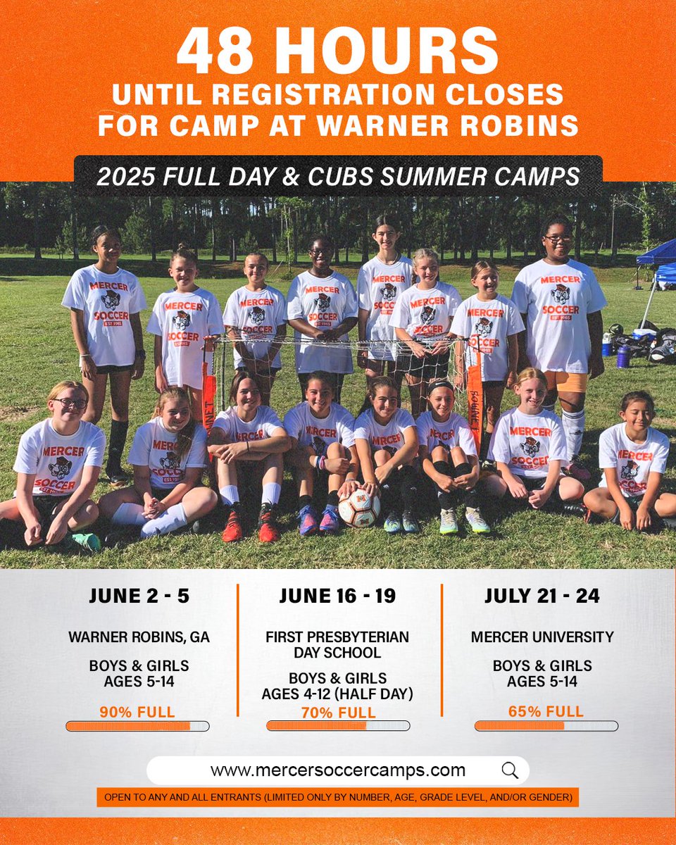 Only 4⃣8⃣ hours until registration closes for our day camp next week in Warner Robins! We are at 90% capacity, only a few spots remain. Don't miss out!

📍 Warner Robins at Central Baptist Church
📅 June 2-5  
🔗mercersoccercamps.com
