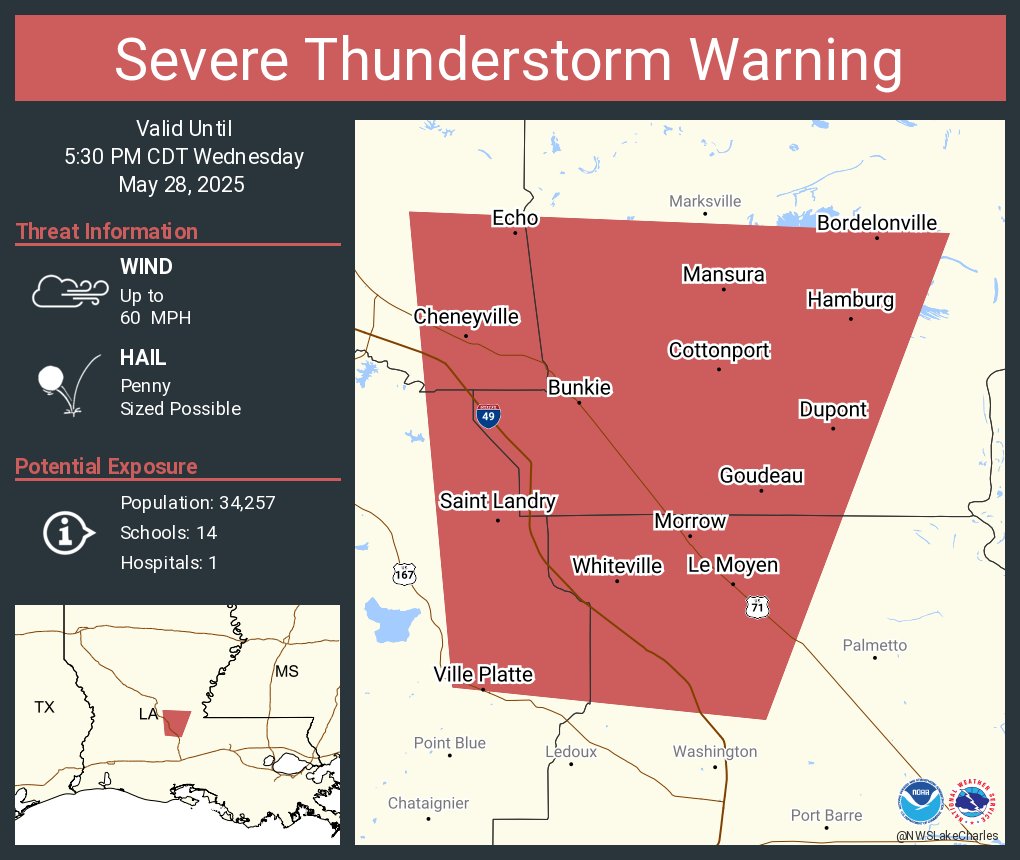 Severe Thunderstorm Warning including Ville Platte LA, Bunkie LA and  Cottonport LA until 5:30 PM CDT