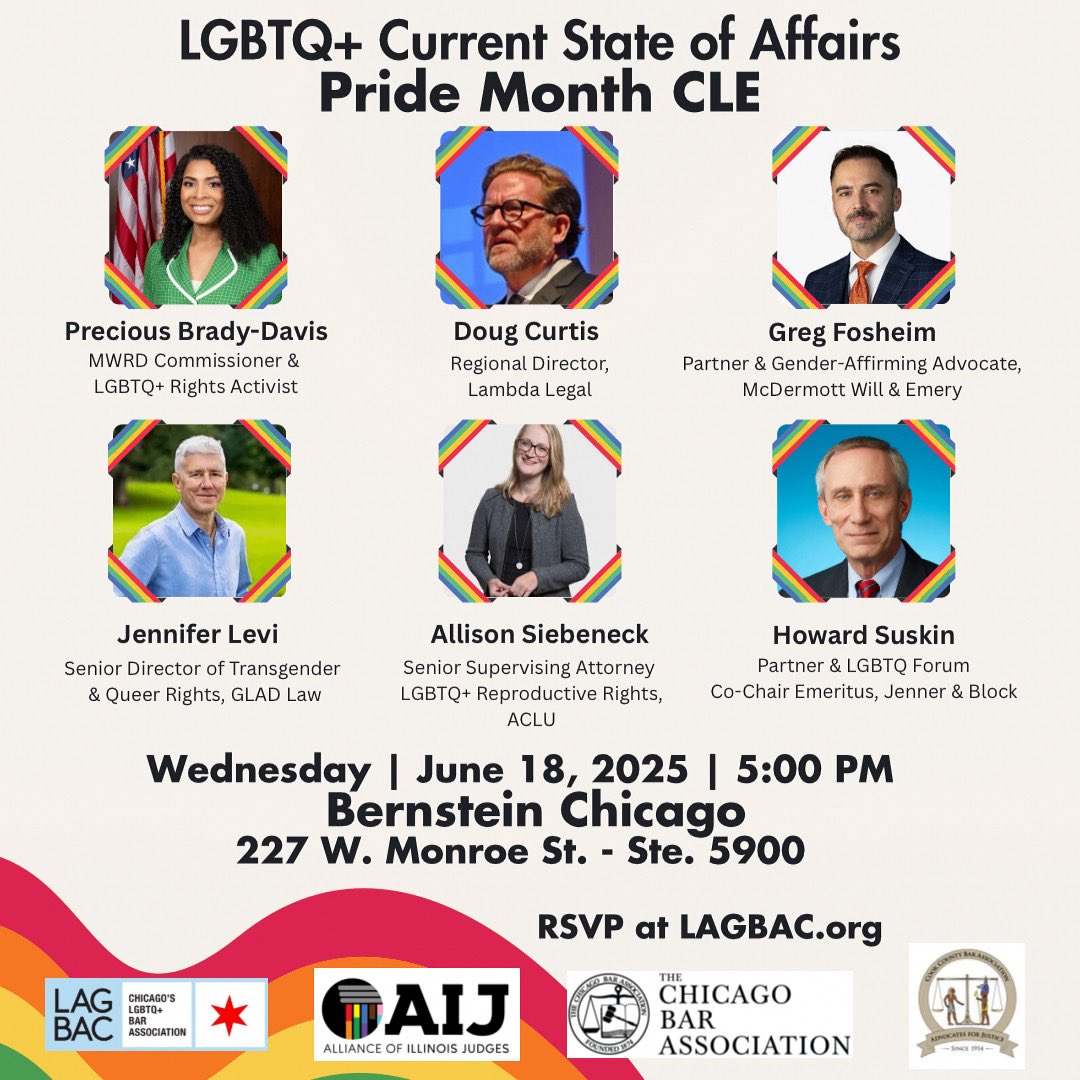 LAGBAC (@lagbac) on Twitter photo 🏳️🌈 Join us for a Pride Month CLE on Wednesday, June 18, 2025 at 5:00 P.M. at <a href="/BernsteinPWM/">Bernstein Private Wealth Management</a>!
🎟️ Free for <a href="/LAGBAC/">LAGBAC</a>, AIJ, <a href="/ChicagoBarAssoc/">Chicago Bar Assoc</a>, <a href="/CookCountyBar/">Cook County Bar Assn</a> Members | $35 Non-Members
🔗 lagbac.org/product/lgbtq-…
#PrideMonth #LGBTQRights #CLE #LAGBAC #AIJ #CBA #CCBA #Pride2025 🏳️🌈 Join us for a Pride Month CLE on Wednesday, June 18, 2025 at 5:00 P.M. at <a href="/BernsteinPWM/">Bernstein Private Wealth Management</a>!
🎟️ Free for <a href="/LAGBAC/">LAGBAC</a>, AIJ, <a href="/ChicagoBarAssoc/">Chicago Bar Assoc</a>, <a href="/CookCountyBar/">Cook County Bar Assn</a> Members | $35 Non-Members
🔗 lagbac.org/product/lgbtq-…
#PrideMonth #LGBTQRights #CLE #LAGBAC #AIJ #CBA #CCBA #Pride2025