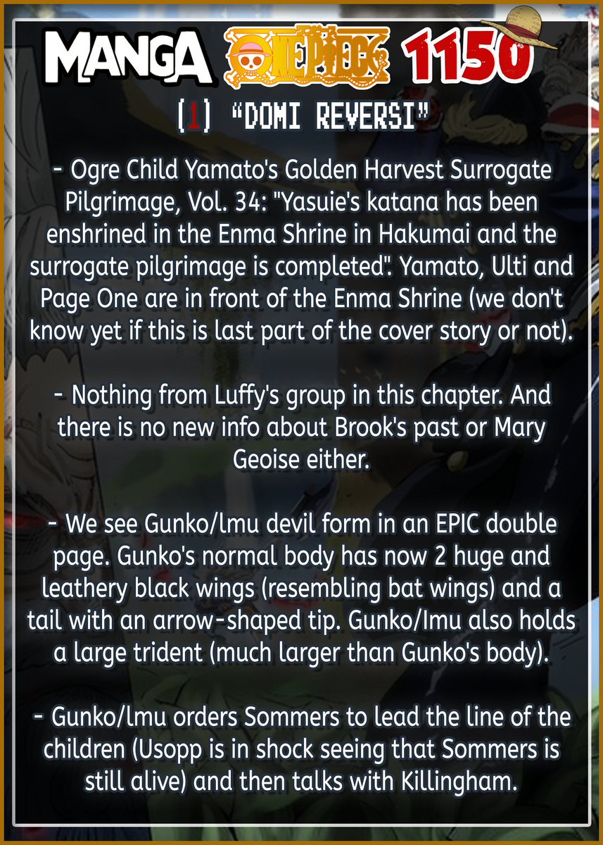 GSPLeaks's tweet photo. ONE PIECE CHAPTER 1150 FULL SUMMARY!!!
- ONE PIECE CHAPTER 1150: "DOMI REVERSI ใใใปใชใใผใท - #้่ปขๆฏ้
". ๐งต๐
#ONEPIECE1150 #Jarul #Brogy #GUNKO #IMU #Dorry #ONEPIECE https://t.co/ADEQvqfRjD