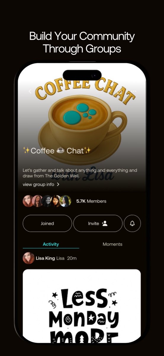 Introducing Groups in Chatter V2—where your community comes to life, your way. One of 5 preview screens when you download the app. 

Shoutout to Coffee Chat by <a href="/newwaterusa/">Lisa King</a> — one of our top V1 Beta groups. A must-visit. V2 drops any day now! 🚀