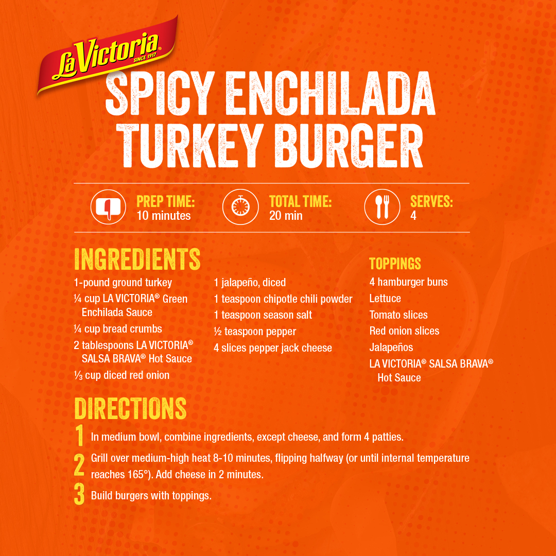 Not your basic bird! 🦃 
This turkey patty’s infused with LA VICTORIA® Green Enchilada Sauce and LA VICTORIA® SALSA BRAVA® Hot Sauce like a true flavor icon.