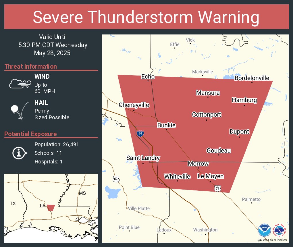 Severe Thunderstorm Warning continues for Bunkie LA, Cottonport LA and  Mansura LA until 5:30 PM CDT