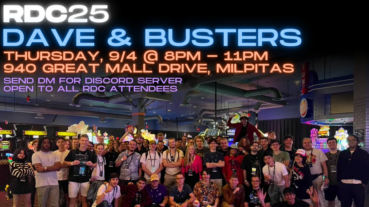 Get ready to kickoff #RDC2025 with RDC x Dave and Buster's for the 5th annual time! 🎉

Join us to kickoff the conference and meet new developers with fun games, food, and prizes. 🍹

🗓️ Thur, Sept 4th @ 8PM - 11PM
📍 940 Great Mall Dr
🔗 All are welcome! Send DM for Discord.