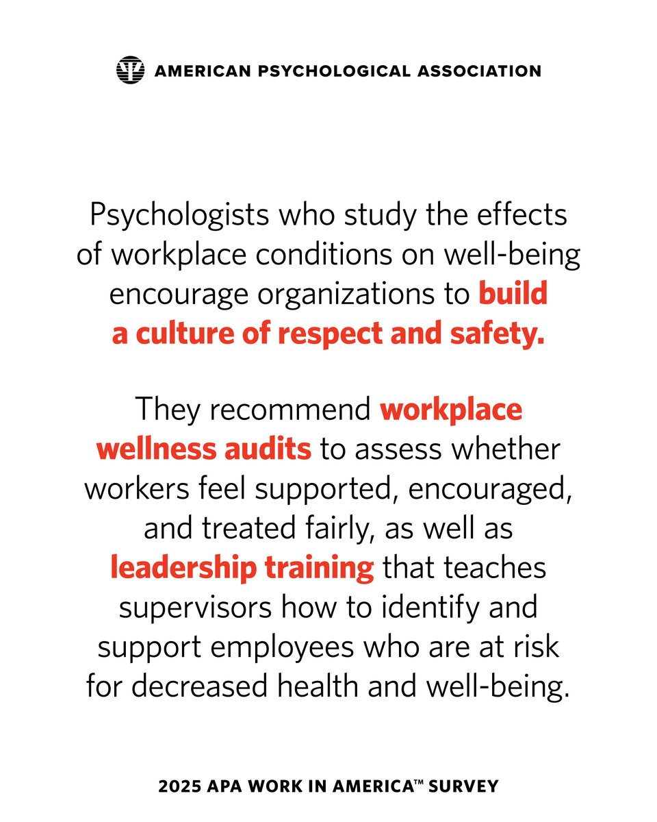 Government policy changes, economic concerns, and general stress over job security may have ripple effects on the #mentalhealth of U.S. workers, according to findings from APA's 2025 #WorkInAmerica survey. 

Learn how employers can help: at.apa.org/eb9dab