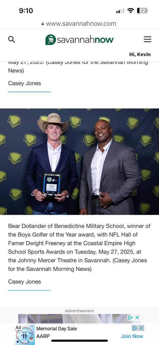 Congrats to Sophomore Bear Dollander for winning Savannah Morning Press Player of Year this year!