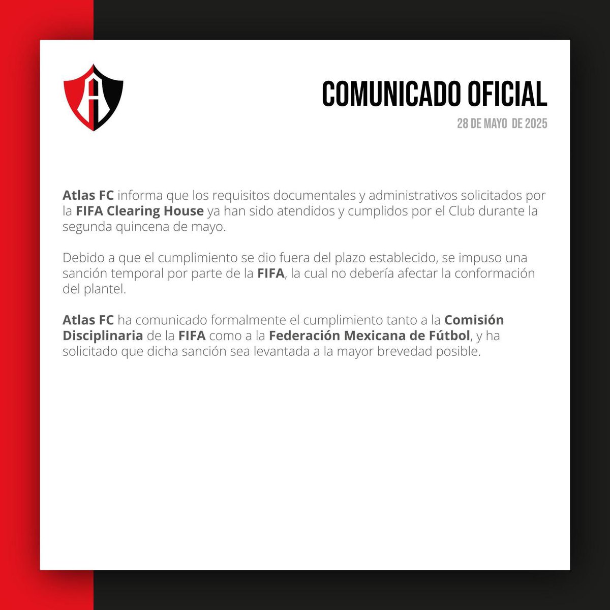 AtlasFC's tweet image. COMUNICADO OFICIAL.
