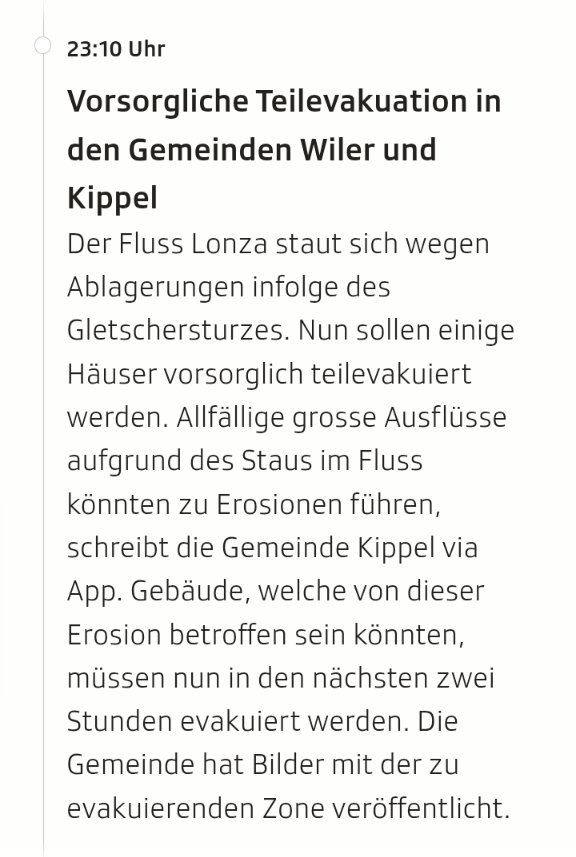 leonis5908's tweet photo. #Blatten #Lötschental #Bergsturz 🥹
Vorsorgliche Teilevakuation in den Gemeinden #Wiler &amp; #Kippel
Der Fluss #Lonza staut sich wegen Ablagerungen infolge des Gletschersturzes. Gebäude, welche von dieser Erosion betroffen sein könnten, müssen in den nächsten 2 Std evakuiert werden. https://t.co/dVkBxNj7Cq