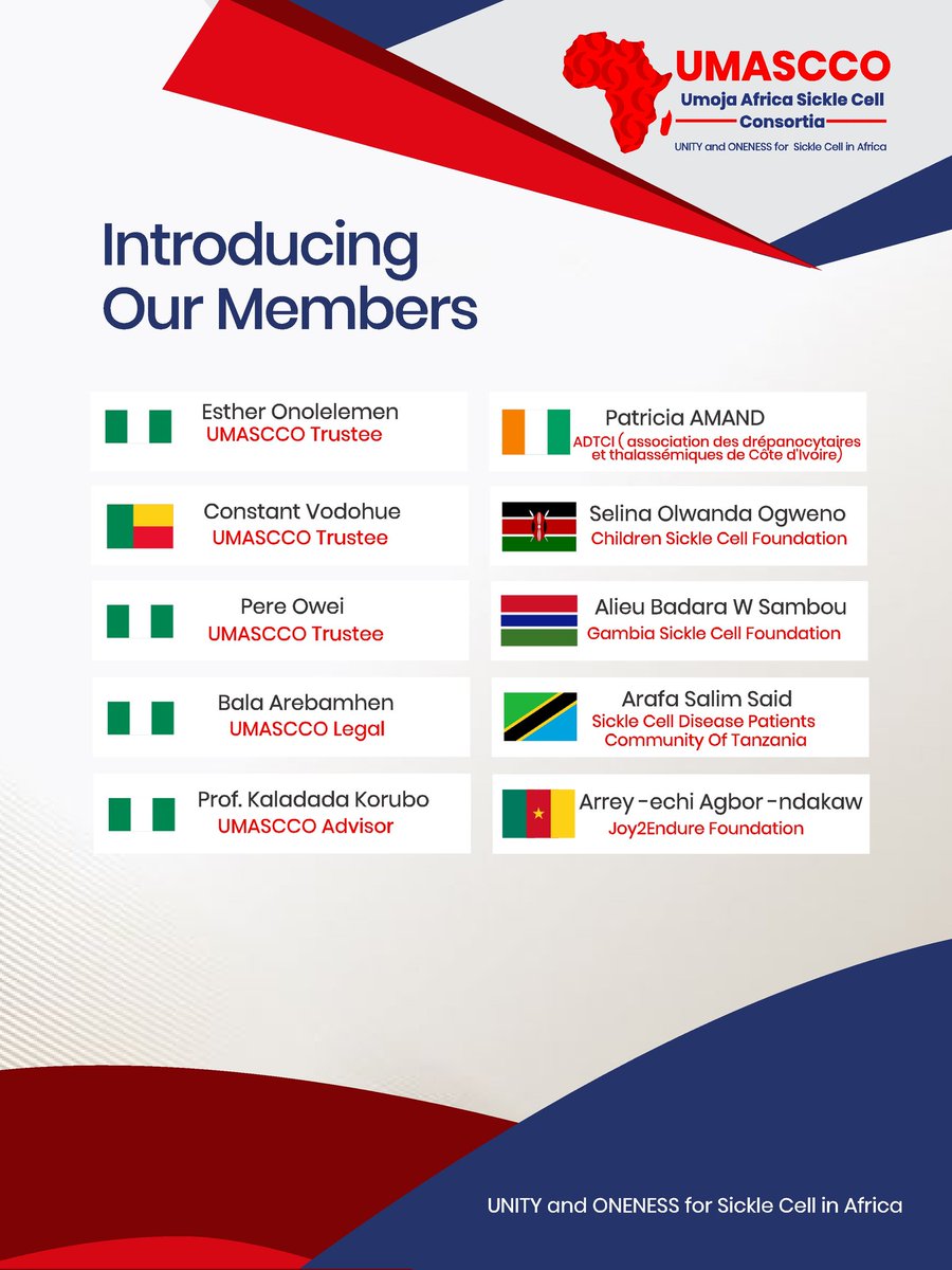 Since our inception,UMASCCO has grown into a vibrant network of members from over 31 countries. Meet the passionate individuals behind this movement across Africa
#OneAfrica #OneVoice #OneFight.
UNITÉ et UNITÉ pour la drépanocytose en Afrique.
#UneAfrique #UneVoix #UnSeulCombat