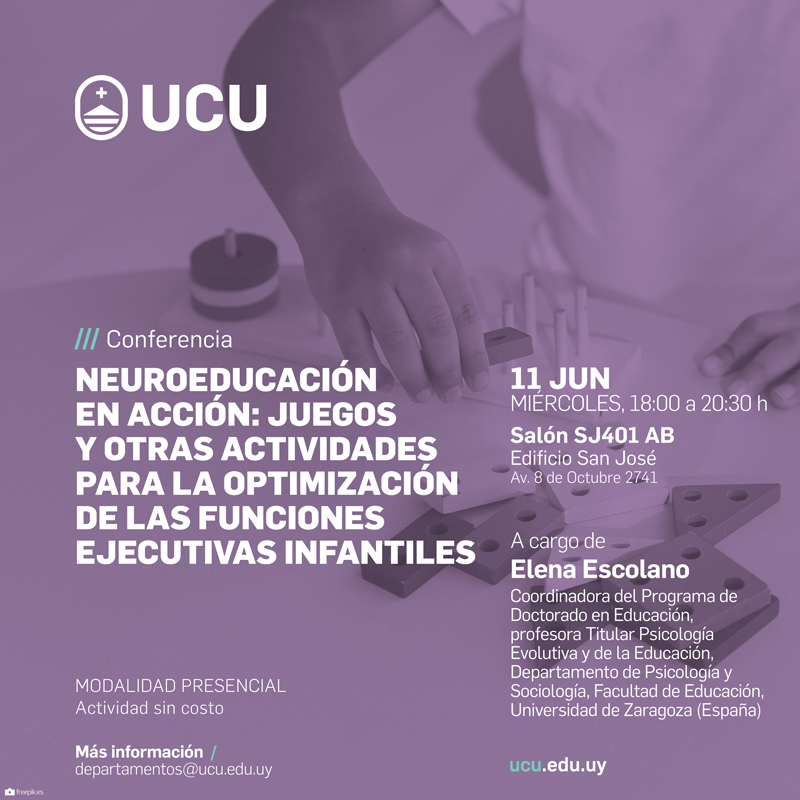 📣 CONFERENCIA | 
NEUROEDUCACIÓN EN ACCIÓN: Juegos y actividades para potenciar funciones ejecutivas infantiles

📅 11/06 – 🕕 18 h en📍@ucuofical (presencial)
🎙 Elena Escolano (U. Zaragoza)
🎟 Sin costo 
👉ucu.edu.uy/agenda//evento…
#Educación #Neuroeducación #FuncionesEjecutivas