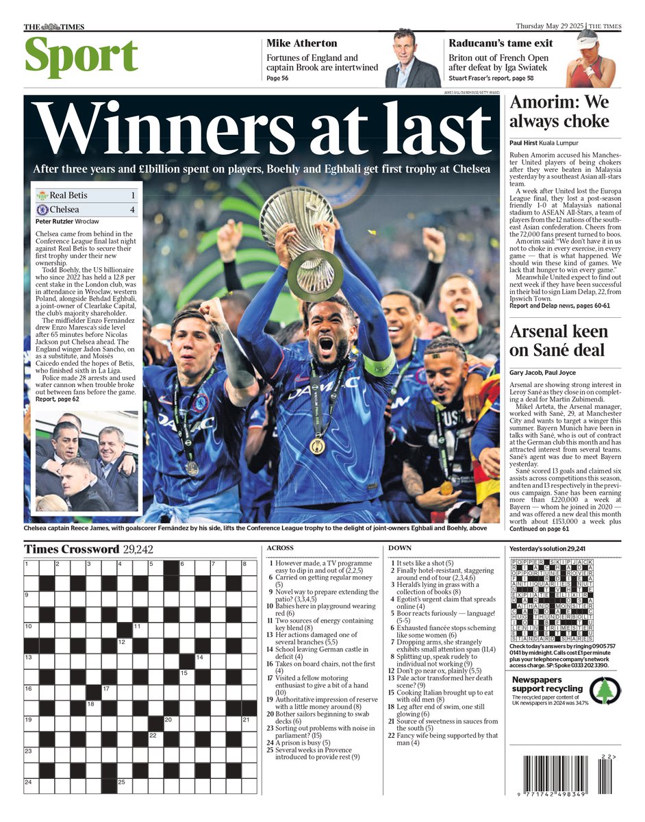 And to finish us off, the back page of the Times: Winners at last #TomorrowsPapersToday