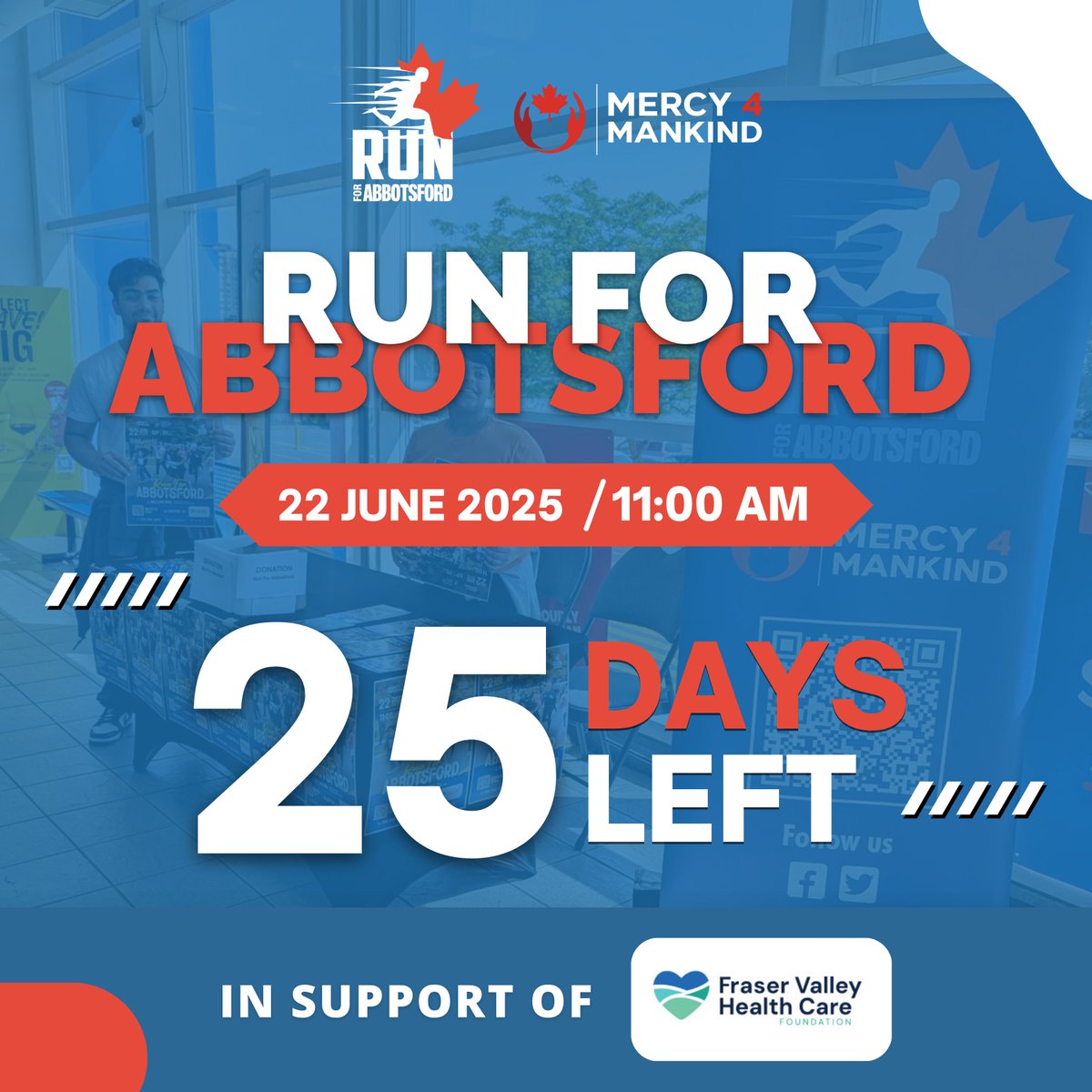 Just 25 DAYS left! 

Be there June 22, 11 AM @ Mill Lake Park for RUN FOR ABBOTSFORD!

Support <a href="/FVHCF/">Fraser Valley Health Care Foundation</a> — Fraser Valley Health Care Foundation 💙

Sign up NOW: raceroster.com/events/2025/98…

Run loud. Run proud. Every step SAVES lives!

#RunForAbbotsford #Abbotsford #Mercy4Mankind
