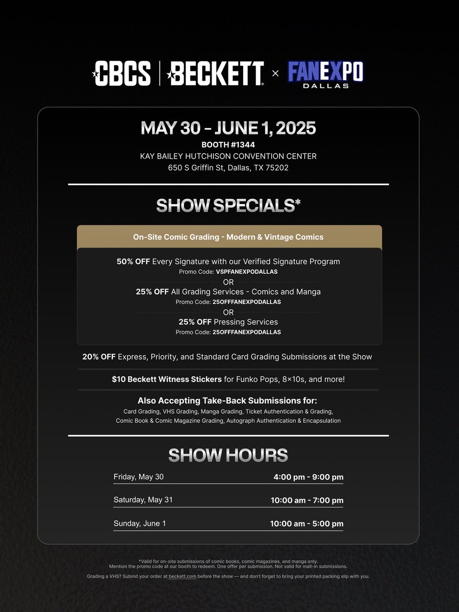 Big weekend at <a href="/FANEXPODallas/">FAN EXPO Dallas</a>!

Swing by the booth #1344 for exclusive show-only deals:
✅ 50% off signatures w/ VSP
✅ 25% off comic &amp; manga grading
✅ 25% off pressing
✅ 20% off card grading