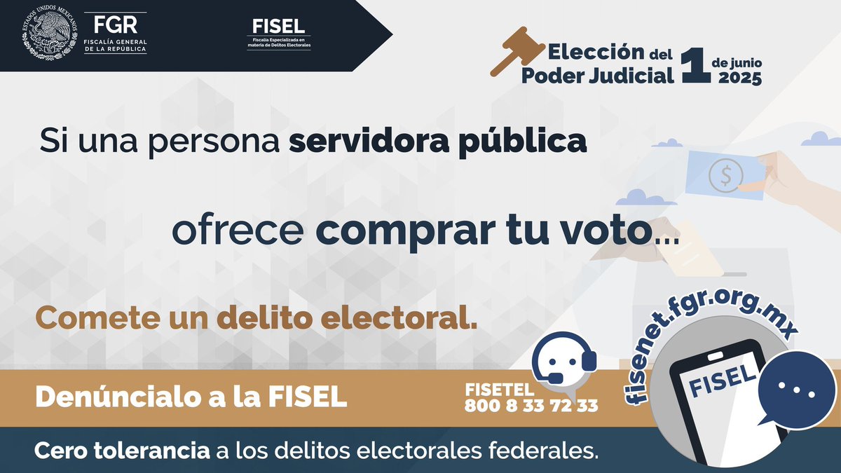 BjxNoticias's tweet image. Si intentan comprar tu voto con dinero o en especie, #DenúncialosEnLaFISEL. 

Cero tolerancia a los delitos electorales federales. 
#ElecciónPoderJudicial
💻fisenet.fgr.org.mx