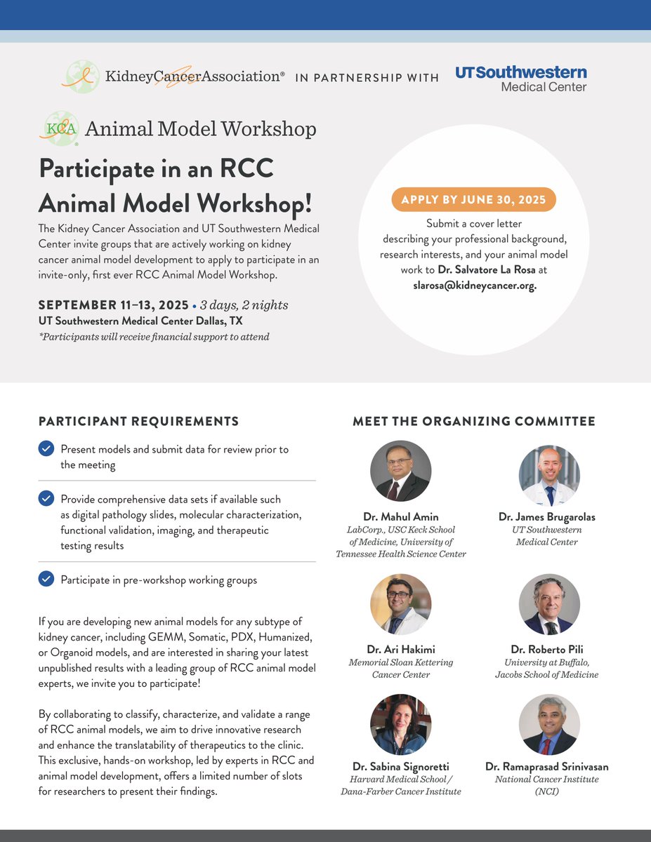 Kidney Cancer (@kidneycancer) on Twitter photo 📢The KCA & <a href="/UTSWMedCenter/">UT Southwestern Medical Center</a> invite researchers to participate in the *FIRST* RCC Animal Model Workshop this Sept 11-13!
‼️Apply by June 30, space limited‼️
Join us to drive research and accelerate therapeutics from lab to clinic. Email <a href="/salvolarosa/">Salvatore La Rosa</a>: slarosa@kidneycancer.org 📢The KCA & <a href="/UTSWMedCenter/">UT Southwestern Medical Center</a> invite researchers to participate in the *FIRST* RCC Animal Model Workshop this Sept 11-13!
‼️Apply by June 30, space limited‼️
Join us to drive research and accelerate therapeutics from lab to clinic. Email <a href="/salvolarosa/">Salvatore La Rosa</a>: slarosa@kidneycancer.org