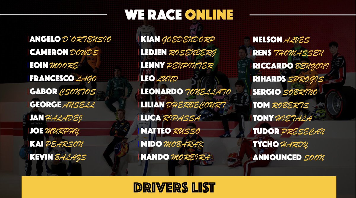 👤 THE DRIVER LIST 

The 30 competitors we will have for the first event of We Race Online! The best from PC and Playstation drivers on the <a href="/EASPORTSF1/">EA SPORTS F1</a> game.

🔴 PC Drivers
🔵 Playstation Drivers

#WRODRIVERS