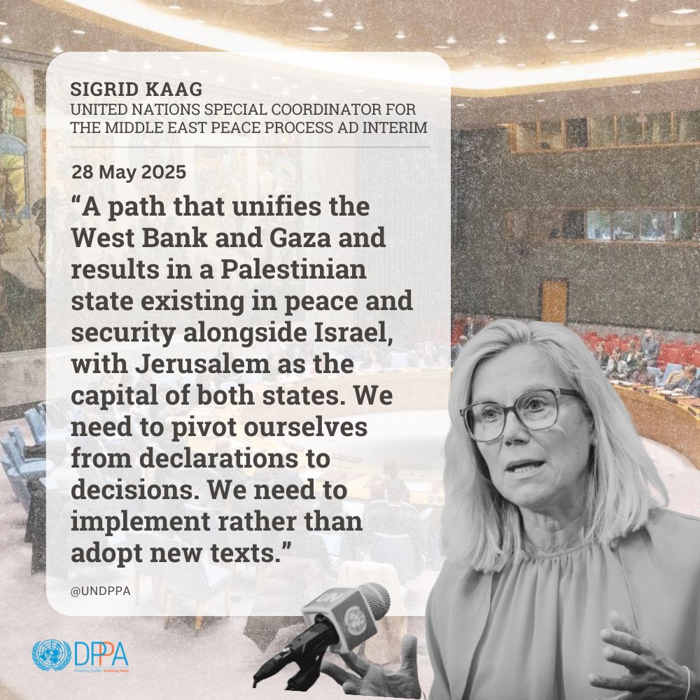 UN Political and Peacebuilding Affairs (@undppa) on Twitter photo The upcoming international conference co-chaired by France and Saudi Arabia is a critical opportunity—not another rhetorical exercise. “We must pivot from declarations to decisions,” said <a href="/UNSCO_MEPP/">UNSCO</a> Sigrid Kaag today at the Security Council. Her remarks: unsco.unmissions.org/sites/default/… The upcoming international conference co-chaired by France and Saudi Arabia is a critical opportunity—not another rhetorical exercise. “We must pivot from declarations to decisions,” said <a href="/UNSCO_MEPP/">UNSCO</a> Sigrid Kaag today at the Security Council. Her remarks: unsco.unmissions.org/sites/default/…