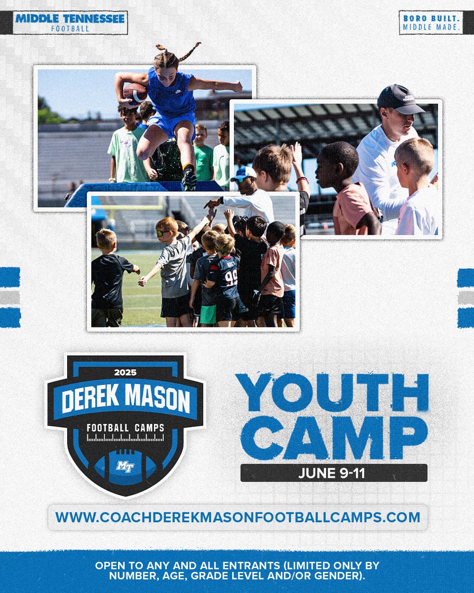 Middle Tennessee Football (@mt_fb) on Twitter photo Middle School Camp and Youth Camp is coming up! Sign your little Blue Raider up to be coached by <a href="/CoachDerekMason/">Derek Mason</a> and his staff!
🏈 CoachDerekMasonFootballCamps.com
#BoroBuiltMiddleMade Middle School Camp and Youth Camp is coming up! Sign your little Blue Raider up to be coached by <a href="/CoachDerekMason/">Derek Mason</a> and his staff!
🏈 CoachDerekMasonFootballCamps.com
#BoroBuiltMiddleMade