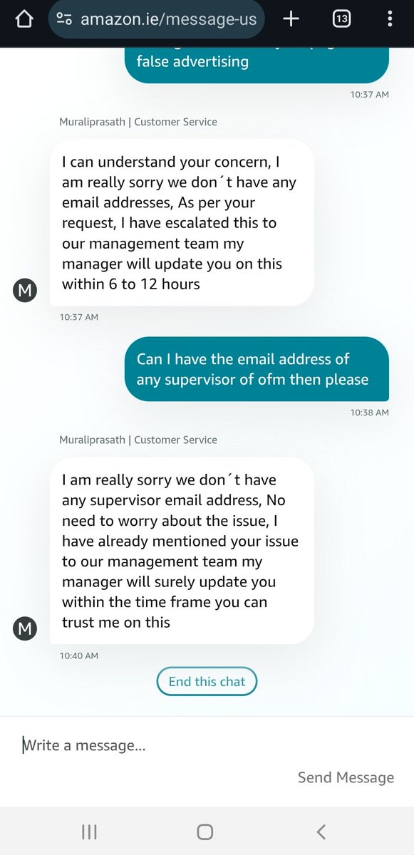 Nimera13's tweet photo. @AmazonHelp @AmazonEurope @amazon Guys your manager promised a resolution in 6 to 12 hours this morning for an issue I have been getting false assurances of a resolution within 24 hours since last Friday, 23 May. This is really poor customer service for a simple issue @ajassy https://t.co/MVe1wIs0Ev