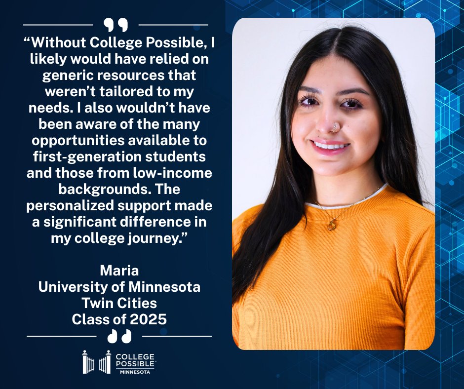 College Possible MN (@collpossiblemn) on Twitter photo Maria, a senior at the @umnews, first learned about <a href="/CollegePossible/">College Possible</a> in 2019 while attending @champlinparkhs. Check our Maria's story: collegepossible.org/news/college-p… Maria, a senior at the @umnews, first learned about <a href="/CollegePossible/">College Possible</a> in 2019 while attending @champlinparkhs. Check our Maria's story: collegepossible.org/news/college-p…
