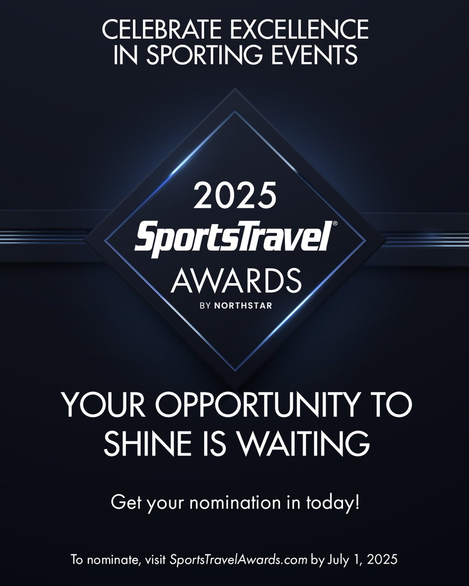Your opportunity to shine is waiting! The nomination deadline for the 2025 SportsTravel Awards is quickly approaching! If your event, venue or host city made an impact between June 30, 2024, and July 1, 2025, it deserves recognition.
NOMINATE NOW at bit.ly/42Vxc0X