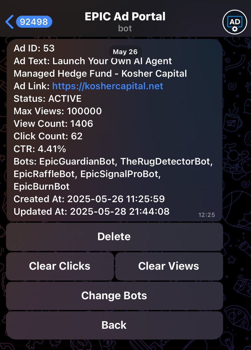 EPICBOTS (@epicbots_io) on Twitter photo We love what the team at <a href="/KosherCapital/">Kosher Capital</a> are cooking with their AI Agent Automated Funds.
So much so we wanted to help them spread the word with adverts across our bots.
In the first 2 days we have provided them with consistently above the 3% CTR benchmark on Telegram ads We love what the team at <a href="/KosherCapital/">Kosher Capital</a> are cooking with their AI Agent Automated Funds.
So much so we wanted to help them spread the word with adverts across our bots.
In the first 2 days we have provided them with consistently above the 3% CTR benchmark on Telegram ads