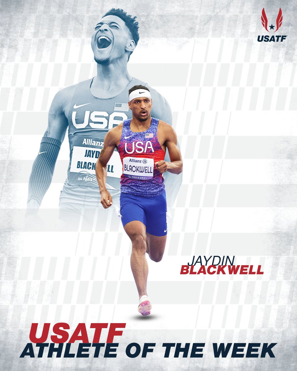 U.S. Paralympics Track & Field (@usparatf) on Twitter photo A record-breaking week has led <a href="/JaydinBlackwell/">Jaydin Blackwell</a> to USATF Athlete of the Week honors!
The Paralympic 🥇 becomes the second Para athlete to earn the title after breaking his own 400m T38 world record in the Cali Grand Prix! A record-breaking week has led <a href="/JaydinBlackwell/">Jaydin Blackwell</a> to USATF Athlete of the Week honors!
The Paralympic 🥇 becomes the second Para athlete to earn the title after breaking his own 400m T38 world record in the Cali Grand Prix!